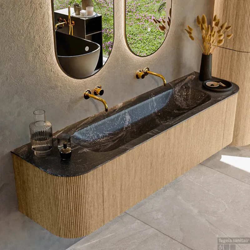 Hoge Kwaliteit Mondiaz KURVE-DLUX 170 cm Onderkast Greeploos 1 Lade Met Deuren Oak, Wastafel Solid Surface Midden Lava 0 Kraangaten Zonder Spiegel (KRVBGL170L+R1L2D0KM-Oak/Lav)