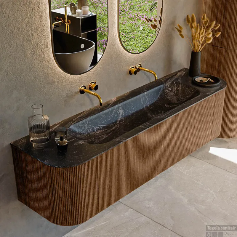 Mondiaz KURVE-DLUX 170 cm Onderkast Greeploos 1 Lade Met Deuren Walnut, Wastafel Solid Surface Midden Lava 0 Kraangaten Zonder Spiegel (KRVBGL170L+R1L2D0KM-Wal/Lav) Fabrieksprijs