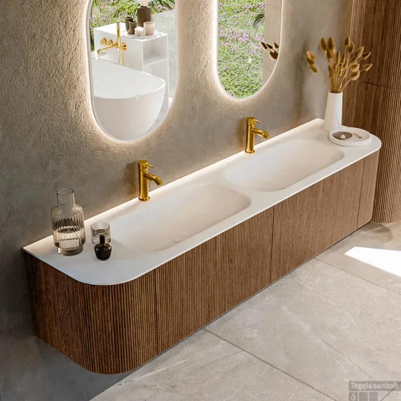 Mondiaz KURVE 190 cm Onderkast Greeploos 2 Lades Met Deuren Walnut, Wastafel Solid Surface Dubbel Talc 2 Kraangaten Zonder Spiegel (KRVBGS190L+R2L2D2KD-Wal/Tal) Hete Deal