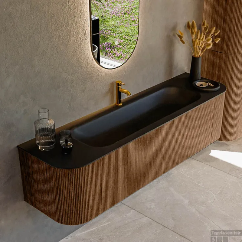 Mondiaz KURVE 170 cm Onderkast Greeploos 1 Lade Met Deuren Walnut, Wastafel Solid Surface Midden Urban 1 Kraangat Zonder Spiegel (KRVBGL170L+R1L2D1KM-Wal/Urb) Premium