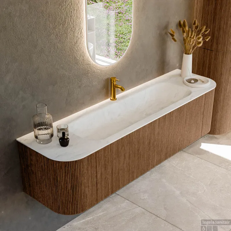 Gratis Retour Mondiaz KURVE-DLUX 170 cm Onderkast Greeploos 1 Lade Met Deuren Walnut, Wastafel Solid Surface Midden Opalo 1 Kraangat Zonder Spiegel (KRVBGL170L+R1L2D1KM-Wal/Opa)
