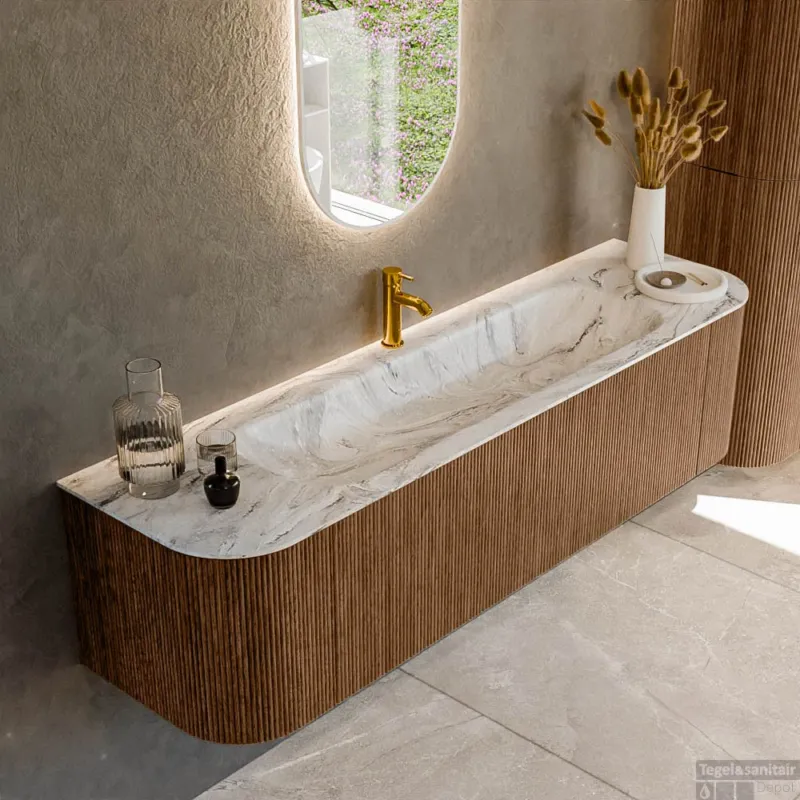 Voordeelprijs Mondiaz KURVE-DLUX 170 cm Onderkast Greeploos 1 Lade Met Deuren Walnut, Wastafel Solid Surface Midden Glace 1 Kraangat Zonder Spiegel (KRVBGL170L+R1L2D1KM-Wal/Gla)