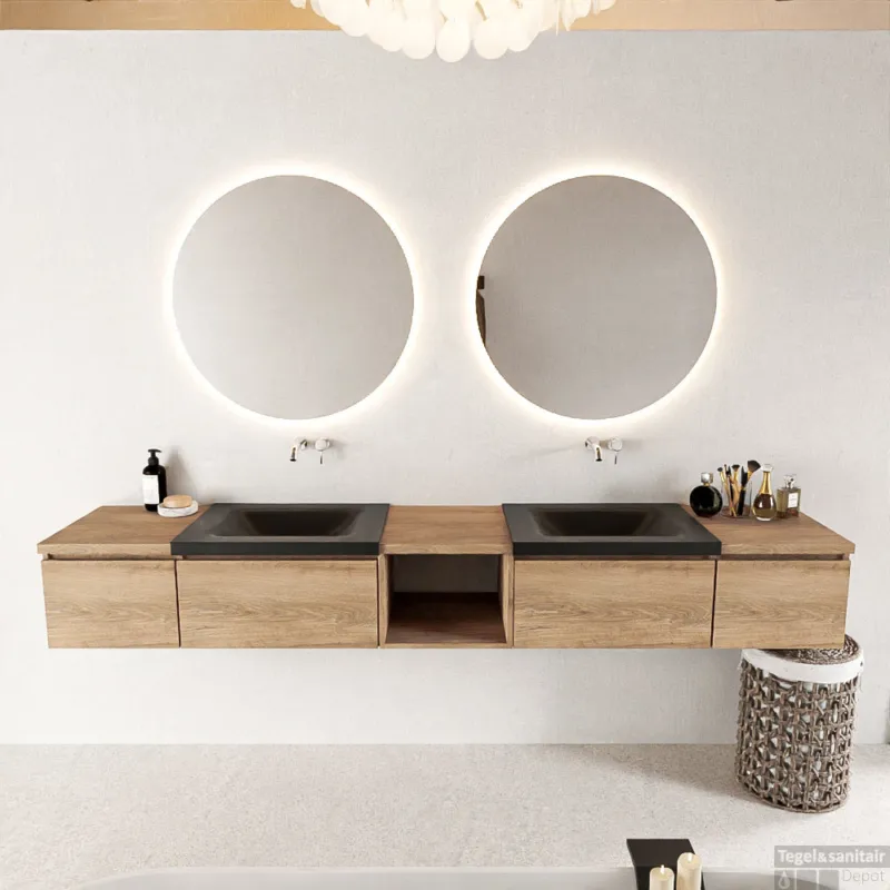MONDIAZ BUKLA 240cm badmeubel met open module 40 midden kleur Washed Oak met 4 lades. Wastafel CLOUD dubbel 0 kraangaten kleur Urban. Dagaanbieding