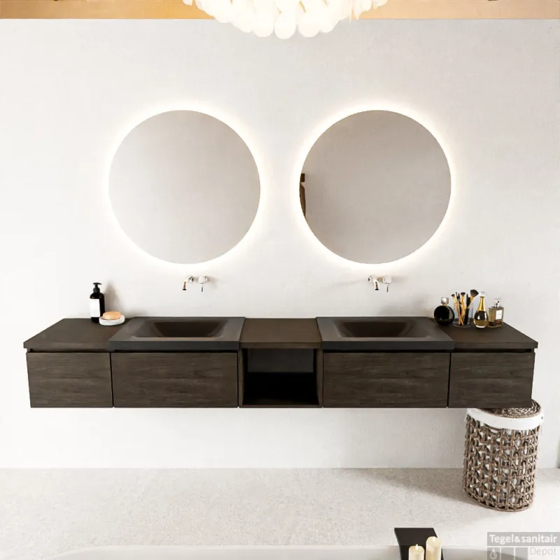 Gratis Retour MONDIAZ BUKLA 240cm badmeubel met open module 40 midden kleur Dark Brown met 4 lades. Wastafel CLOUD dubbel 0 kraangaten kleur Urban.