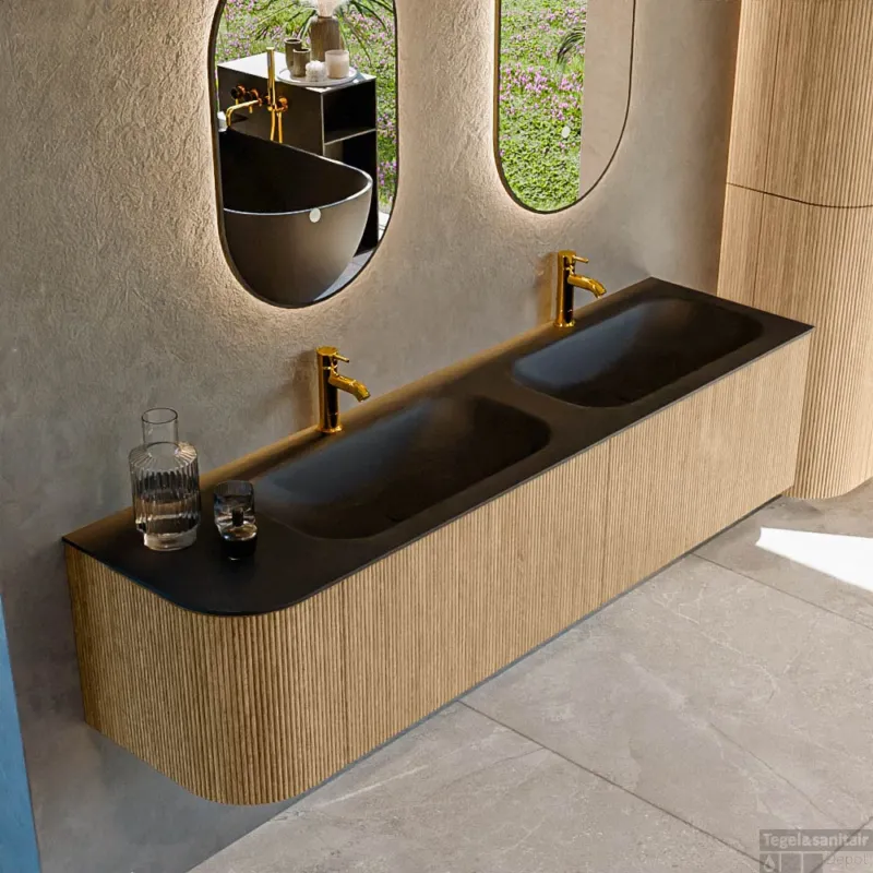 Rechtstreeks Van De Fabrikant Mondiaz KURVE 175 cm Onderkast Greeploos 2 Lades Met Deuren Oak, Wastafel Solid Surface Rechts Urban 2 Kraangaten Zonder Spiegel (KRVBGS175L2L1D2KD-Oak/Urb)