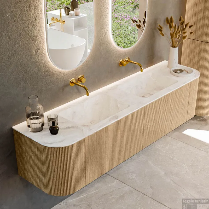 Gratis Retour Mondiaz KURVE-DLUX 180 cm Onderkast Greeploos 2 Lades Met Deuren Oak, Wastafel Solid Surface Dubbel Frappe 0 Kraangaten Zonder Spiegel (KRVLEA180L+R2L2D0KD-Oak/Fra)