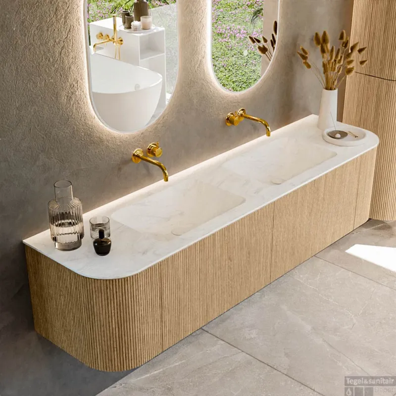 Rechtstreeks Van De Fabrikant Mondiaz KURVE-DLUX 180 cm Onderkast Greeploos 2 Lades Met Deuren Oak, Wastafel Solid Surface Dubbel Opalo 0 Kraangaten Zonder Spiegel (KRVLEA180L+R2L2D0KD-Oak/Opa)