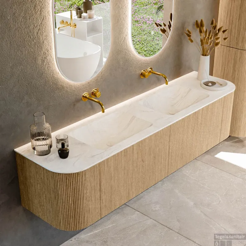 Laatste Versie Mondiaz KURVE-DLUX 180 cm Onderkast Greeploos 2 Lades Met Deuren Oak, Wastafel Solid Surface Dubbel Ostra 0 Kraangaten Zonder Spiegel (KRVLEA180L+R2L2D0KD-Oak/Ost)