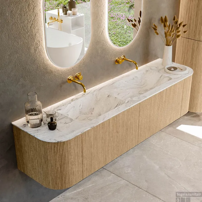 Premium Mondiaz KURVE-DLUX 180 cm Onderkast Greeploos 2 Lades Met Deuren Oak, Wastafel Solid Surface Dubbel Glace 0 Kraangaten Zonder Spiegel (KRVLEA180L+R2L2D0KD-Oak/Gla)