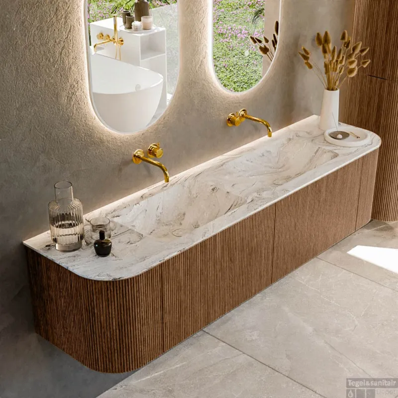 Mondiaz KURVE-DLUX 180 cm Onderkast Greeploos 2 Lades Met Deuren Walnut, Wastafel Solid Surface Dubbel Glace 0 Kraangaten Zonder Spiegel (KRVLEA180L+R2L2D0KD-Wal/Gla) Lage Kosten