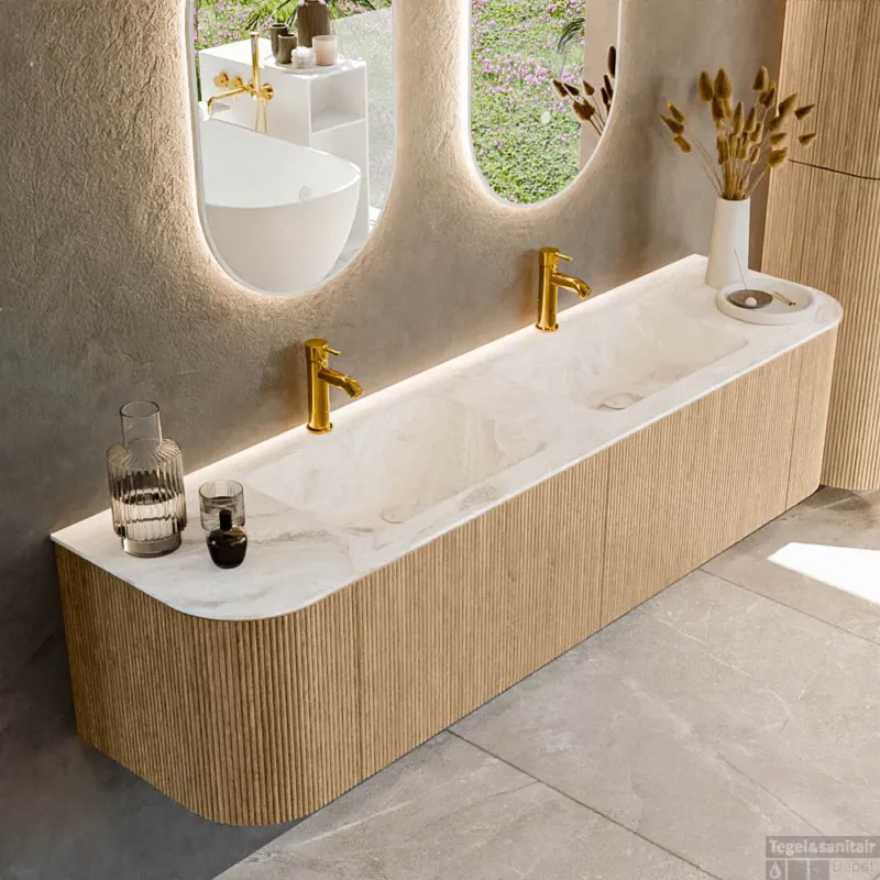 Flitsaanbieding Mondiaz KURVE-DLUX 180 cm Onderkast Greeploos 2 Lades Met Deuren Oak, Wastafel Solid Surface Dubbel Frappe 2 Kraangaten Zonder Spiegel (KRVLEA180L+R2L2D2KD-Oak/Fra)