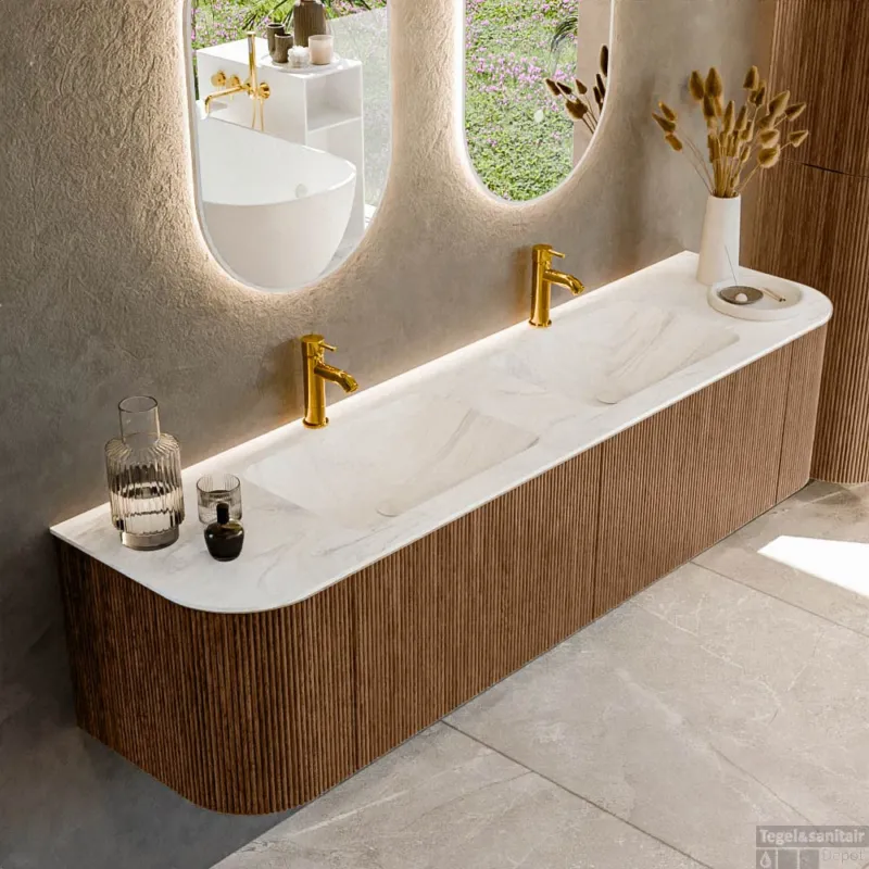 Mondiaz KURVE-DLUX 180 cm Onderkast Greeploos 2 Lades Met Deuren Walnut, Wastafel Solid Surface Dubbel Ostra 2 Kraangaten Zonder Spiegel (KRVLEA180L+R2L2D2KD-Wal/Ost) Express Levering