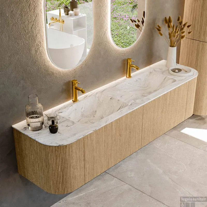 Veilige Betaling Mondiaz KURVE-DLUX 180 cm Onderkast Greeploos 2 Lades Met Deuren Oak, Wastafel Solid Surface Dubbel Glace 2 Kraangaten Zonder Spiegel (KRVLEA180L+R2L2D2KD-Oak/Gla)
