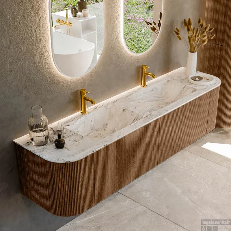 Mondiaz KURVE-DLUX 180 cm Onderkast Greeploos 2 Lades Met Deuren Walnut, Wastafel Solid Surface Dubbel Glace 2 Kraangaten Zonder Spiegel (KRVLEA180L+R2L2D2KD-Wal/Gla) Speciale Aanbieding