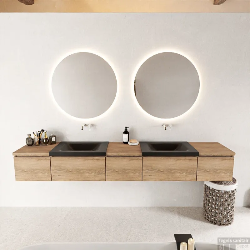 MONDIAZ BUKLA 240cm badmeubel met module 40 kleur Washed Oak met 5 lades. Wastafel CLOUD dubbel 0 kraangaten kleur Urban. Tijdelijk Beschikbaar