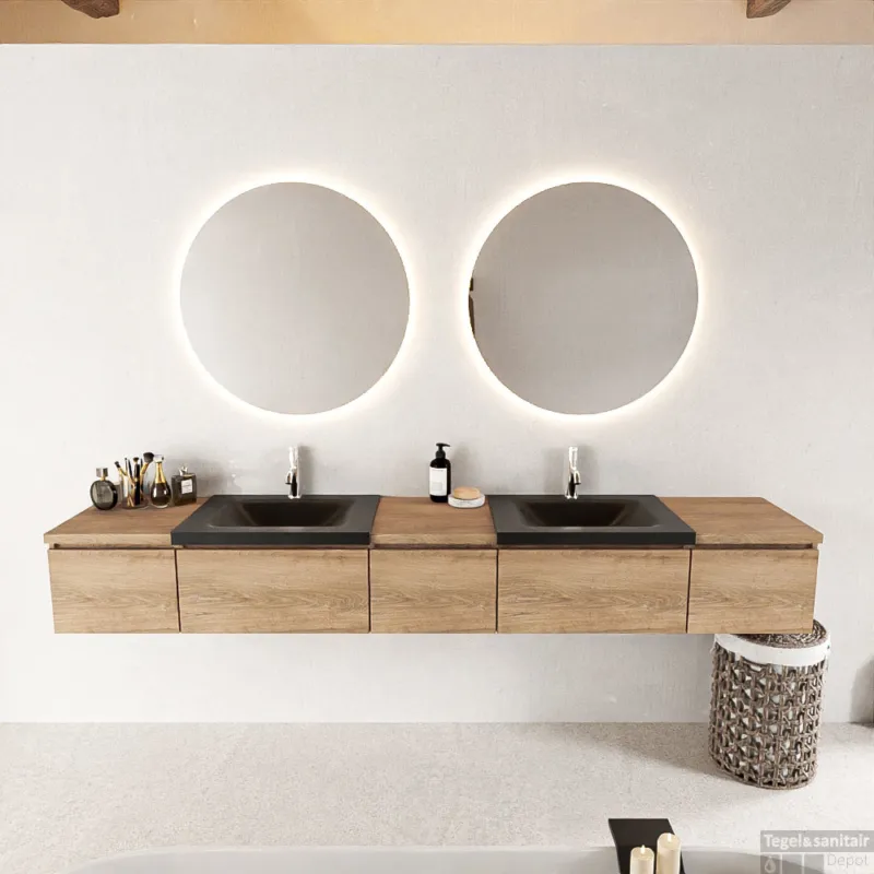 Beperkte Voorraad MONDIAZ BUKLA 240cm badmeubel met module 40 kleur Washed Oak met 5 lades. Wastafel CLOUD dubbel 2 kraangaten kleur Urban.