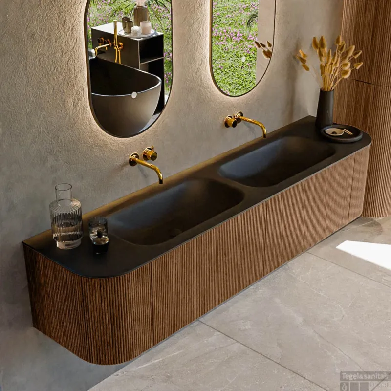Mondiaz KURVE 190 cm Onderkast Greeploos 2 Lades Met Deuren Walnut, Wastafel Solid Surface Dubbel Urban 0 Kraangaten Zonder Spiegel (KRVBGS190L+R2L2D0KD-Wal/Urb) Veilige Betaling