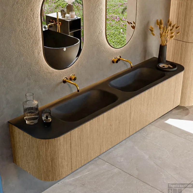 Laatste Versie Mondiaz KURVE 200 cm Onderkast Greeploos 2 Lades Met Deuren Oak, Wastafel Solid Surface Dubbel Urban 0 Kraangaten Zonder Spiegel (KRVBGS200L+R2L2D0KD-Oak/Urb)