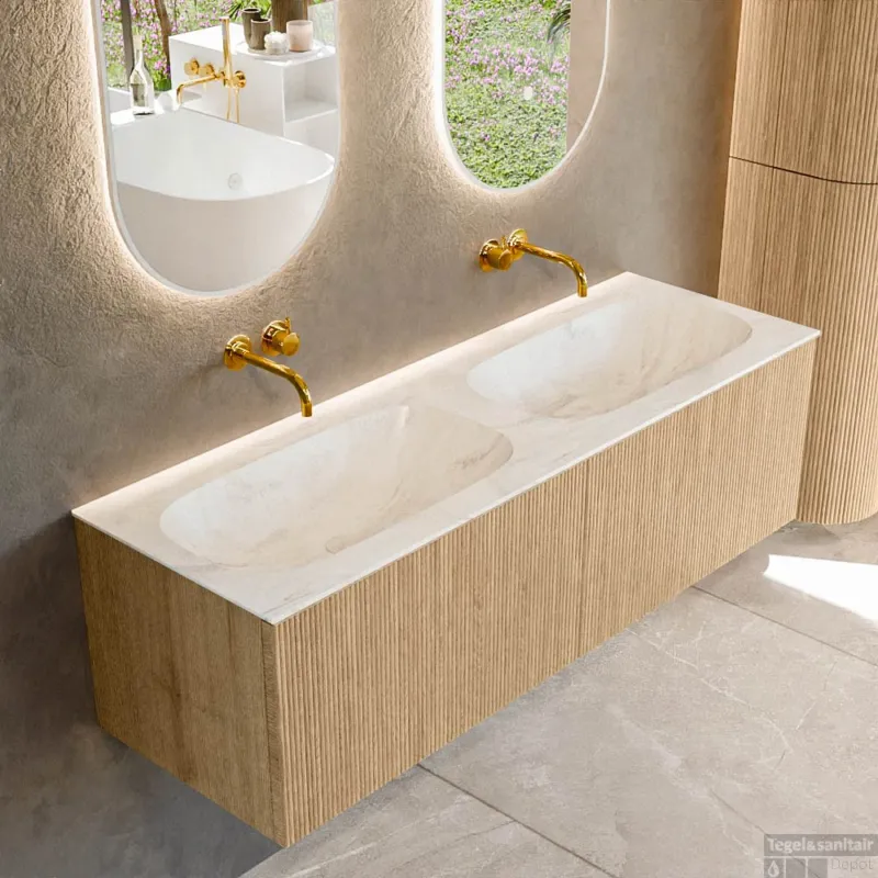 Koopje Mondiaz KURVE-DLUX 140 cm Onderkast Greeploos 2 Lades Zonder Deuren Oak, Wastafel Solid Surface Dubbel Ostra 0 Kraangaten Zonder Spiegel (KRVSTS1402L0D0KD-Oak/Ost)