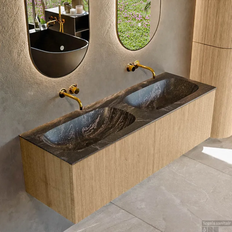 Goedkoop Mondiaz KURVE-DLUX 140 cm Onderkast Greeploos 2 Lades Zonder Deuren Oak, Wastafel Solid Surface Dubbel Lava 0 Kraangaten Zonder Spiegel (KRVSTS1402L0D0KD-Oak/Lav)
