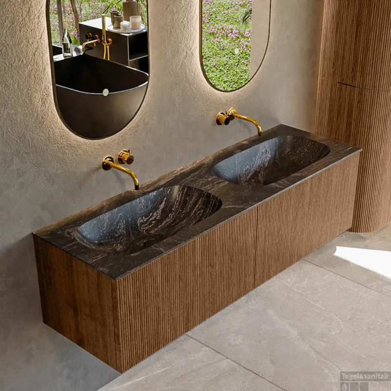 Gratis Retour Mondiaz KURVE-DLUX 150 cm Onderkast Greeploos 2 Lades Zonder Deuren Walnut, Wastafel Solid Surface Dubbel Lava 0 Kraangaten Zonder Spiegel (KRVSTS1502L0D0KD-Wal/Lav)