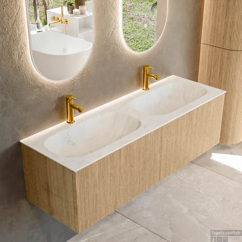Exclusieve Aanbieding Mondiaz KURVE-DLUX 140 cm Onderkast Greeploos 2 Lades Zonder Deuren Oak, Wastafel Solid Surface Dubbel Opalo 2 Kraangaten Zonder Spiegel (KRVSTS1402L0D2KD-Oak/Opa)