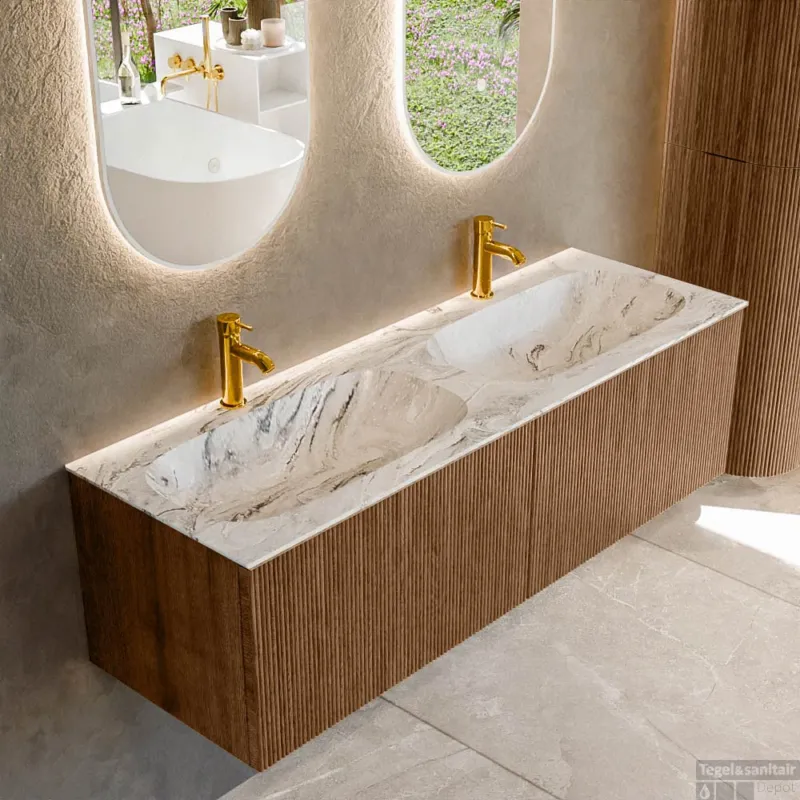 Bestseller Mondiaz KURVE-DLUX 140 cm Onderkast Greeploos 2 Lades Zonder Deuren Walnut, Wastafel Solid Surface Dubbel Glace 2 Kraangaten Zonder Spiegel (KRVSTS1402L0D2KD-Wal/Gla)