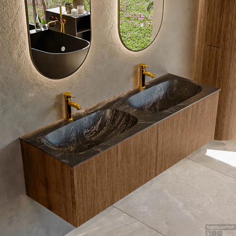 Beperkte Voorraad Mondiaz KURVE-DLUX 140 cm Onderkast Greeploos 2 Lades Zonder Deuren Walnut, Wastafel Solid Surface Dubbel Lava 2 Kraangaten Zonder Spiegel (KRVSTS1402L0D2KD-Wal/Lav)