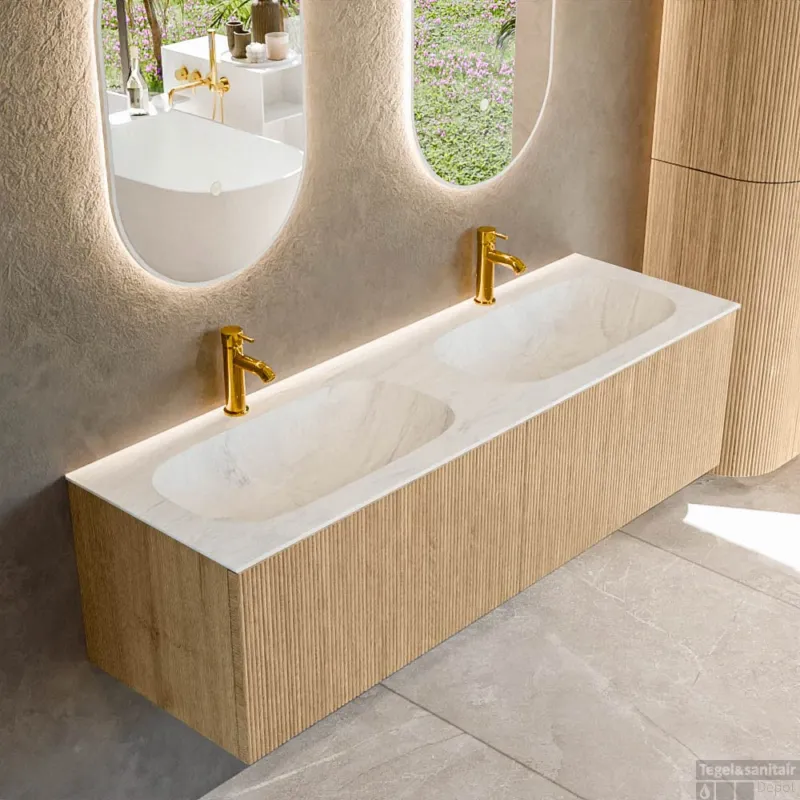 Beperkt Aanbod Mondiaz KURVE-DLUX 150 cm Onderkast Greeploos 2 Lades Zonder Deuren Oak, Wastafel Solid Surface Dubbel Opalo 2 Kraangaten Zonder Spiegel (KRVSTS1502L0D2KD-Oak/Opa)