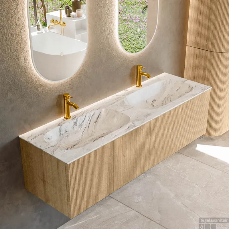 Korting Mondiaz KURVE-DLUX 150 cm Onderkast Greeploos 2 Lades Zonder Deuren Oak, Wastafel Solid Surface Dubbel Glace 2 Kraangaten Zonder Spiegel (KRVSTS1502L0D2KD-Oak/Gla)