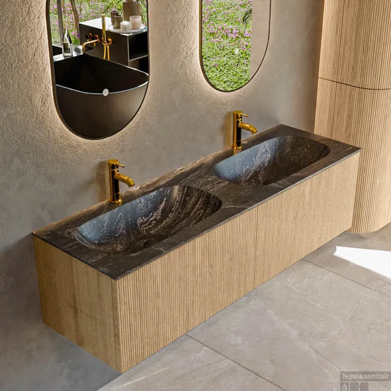 Exclusieve Aanbieding Mondiaz KURVE-DLUX 150 cm Onderkast Greeploos 2 Lades Zonder Deuren Oak, Wastafel Solid Surface Dubbel Lava 2 Kraangaten Zonder Spiegel (KRVSTS1502L0D2KD-Oak/Lav)