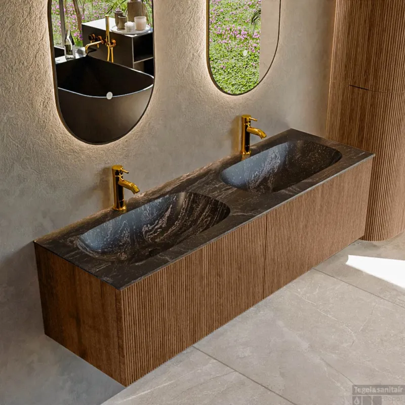 Dagaanbieding Mondiaz KURVE-DLUX 150 cm Onderkast Greeploos 2 Lades Zonder Deuren Walnut, Wastafel Solid Surface Dubbel Lava 2 Kraangaten Zonder Spiegel (KRVSTS1502L0D2KD-Wal/Lav)