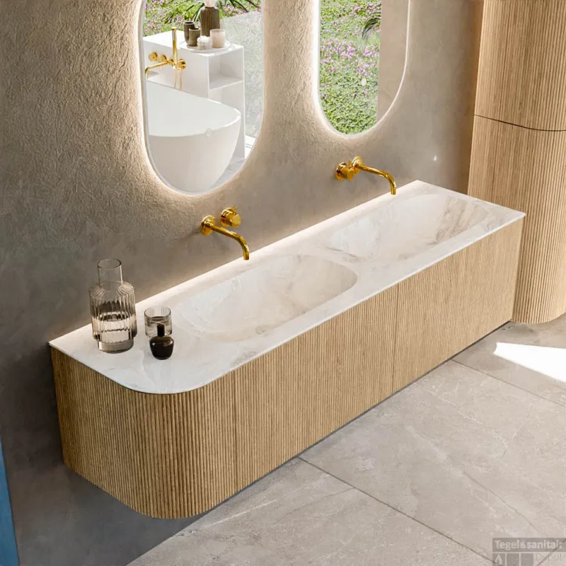Express Levering Mondiaz KURVE-DLUX 165 cm Onderkast Greeploos 2 Lades Met Deuren Oak, Wastafel Solid Surface Rechts Frappe 0 Kraangaten Zonder Spiegel (KRVSTS165L2L1D0KD-Oak/Fra)
