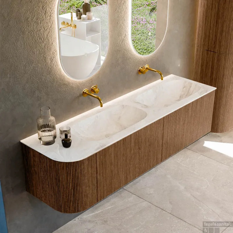 Beperkte Voorraad Mondiaz KURVE-DLUX 165 cm Onderkast Greeploos 2 Lades Met Deuren Walnut, Wastafel Solid Surface Rechts Frappe 0 Kraangaten Zonder Spiegel (KRVSTS165L2L1D0KD-Wal/Fra)