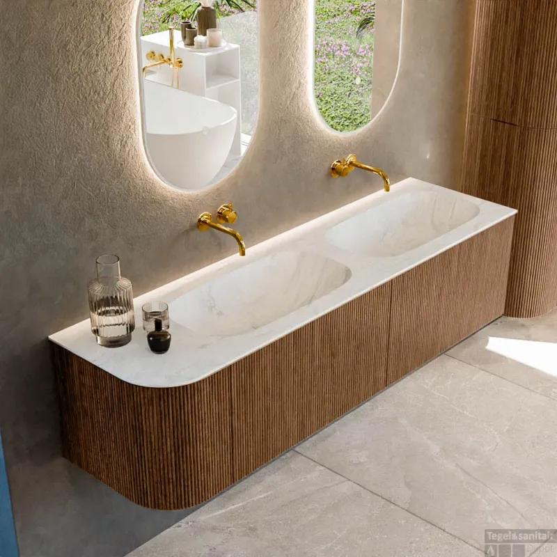 Alleen Vandaag Mondiaz KURVE-DLUX 165 cm Onderkast Greeploos 2 Lades Met Deuren Walnut, Wastafel Solid Surface Rechts Opalo 0 Kraangaten Zonder Spiegel (KRVSTS165L2L1D0KD-Wal/Opa)