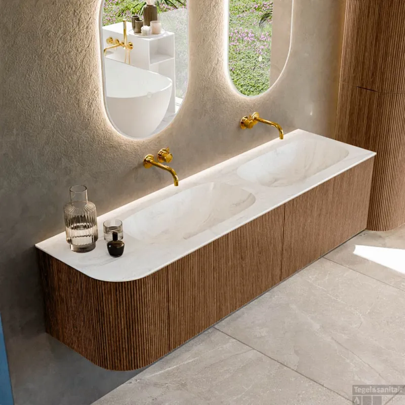 Voordeelprijs Mondiaz KURVE-DLUX 165 cm Onderkast Greeploos 2 Lades Met Deuren Walnut, Wastafel Solid Surface Rechts Ostra 0 Kraangaten Zonder Spiegel (KRVSTS165L2L1D0KD-Wal/Ost)