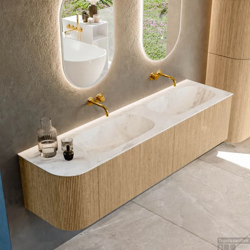 Mondiaz KURVE-DLUX 175 cm Onderkast Greeploos 2 Lades Met Deuren Oak, Wastafel Solid Surface Rechts Frappe 0 Kraangaten Zonder Spiegel (KRVSTS175L2L1D0KD-Oak/Fra) Koop Vandaag