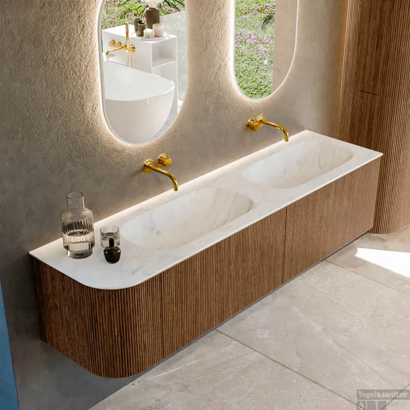 Koopje Mondiaz KURVE-DLUX 175 cm Onderkast Greeploos 2 Lades Met Deuren Walnut, Wastafel Solid Surface Rechts Opalo 0 Kraangaten Zonder Spiegel (KRVSTS175L2L1D0KD-Wal/Opa)