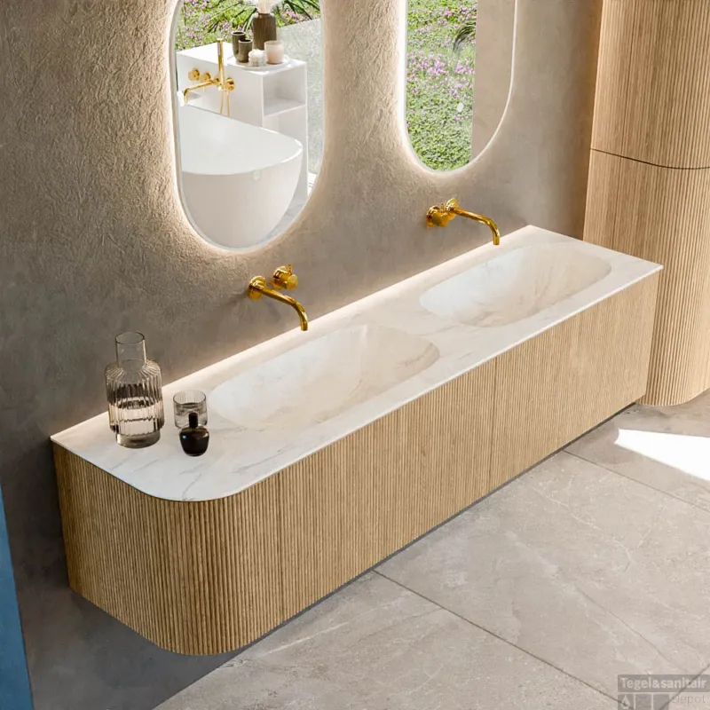 Populair Mondiaz KURVE-DLUX 175 cm Onderkast Greeploos 2 Lades Met Deuren Oak, Wastafel Solid Surface Rechts Ostra 0 Kraangaten Zonder Spiegel (KRVSTS175L2L1D0KD-Oak/Ost)