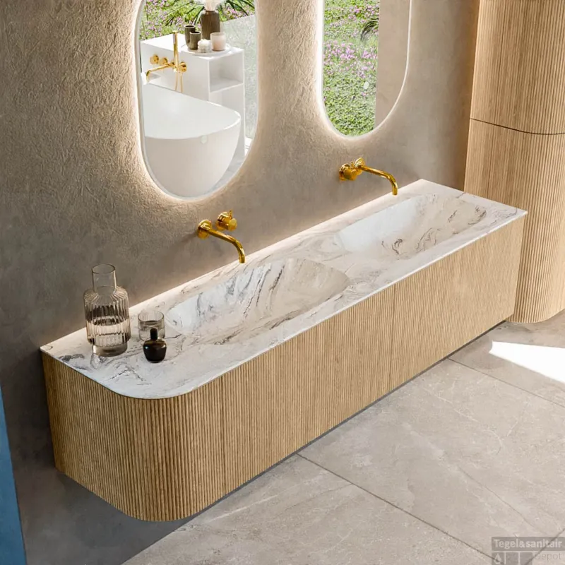 Mondiaz KURVE-DLUX 175 cm Onderkast Greeploos 2 Lades Met Deuren Oak, Wastafel Solid Surface Rechts Glace 0 Kraangaten Zonder Spiegel (KRVSTS175L2L1D0KD-Oak/Gla) Bestseller