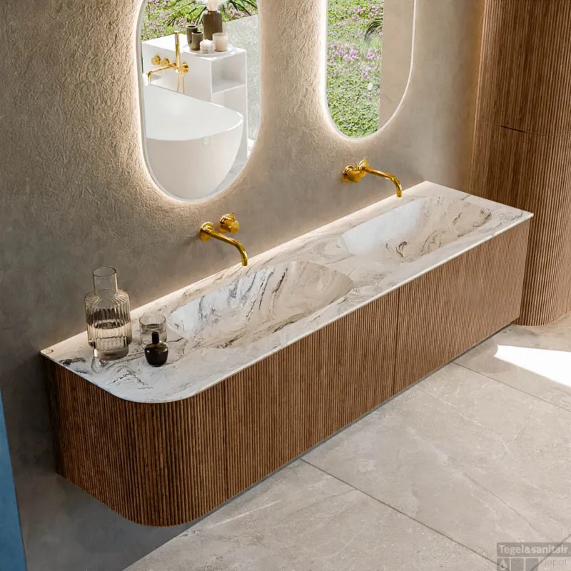 Mondiaz KURVE-DLUX 175 cm Onderkast Greeploos 2 Lades Met Deuren Walnut, Wastafel Solid Surface Rechts Glace 0 Kraangaten Zonder Spiegel (KRVSTS175L2L1D0KD-Wal/Gla) Koopje
