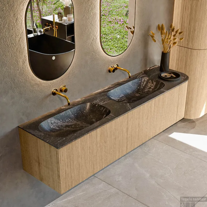 Mondiaz KURVE-DLUX 175 cm Onderkast Greeploos 2 Lades Met Deuren Oak, Wastafel Solid Surface Links Lava 0 Kraangaten Zonder Spiegel (KRVSTS175R2L1D0KD-Oak/Lav) Korting