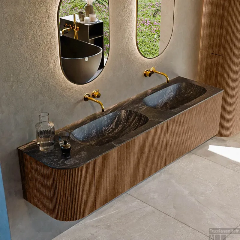 Mondiaz KURVE-DLUX 175 cm Onderkast Greeploos 2 Lades Met Deuren Walnut, Wastafel Solid Surface Rechts Lava 0 Kraangaten Zonder Spiegel (KRVSTS175L2L1D0KD-Wal/Lav) Premium