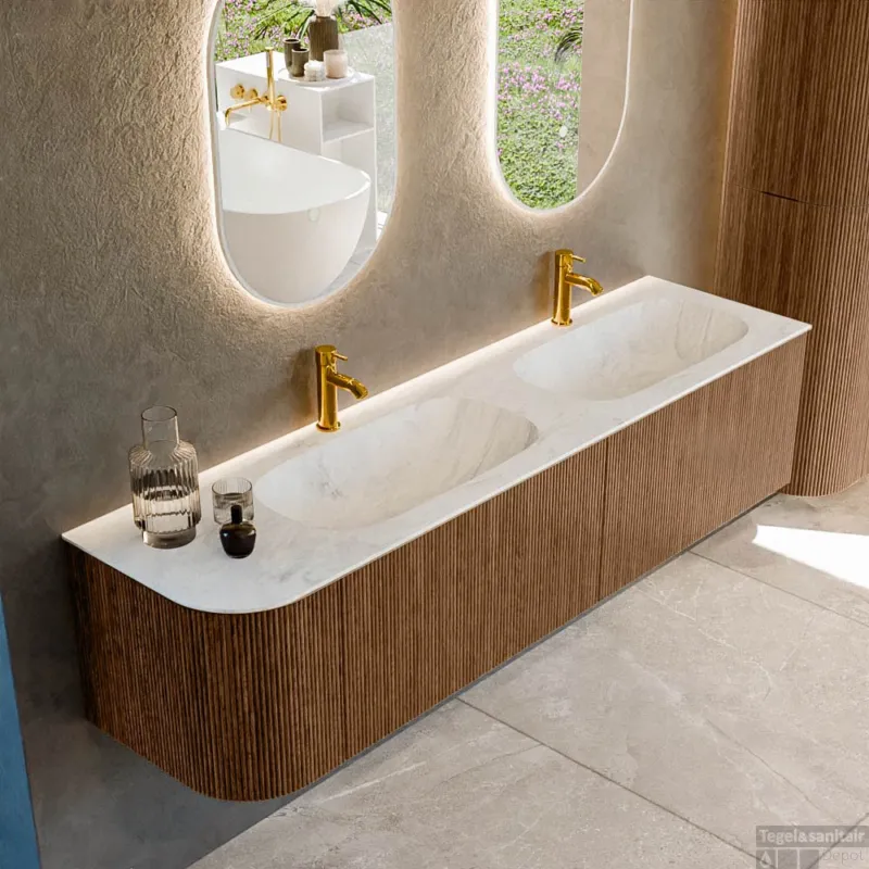 Meest Verkocht Mondiaz KURVE-DLUX 175 cm Onderkast Greeploos 2 Lades Met Deuren Walnut, Wastafel Solid Surface Rechts Opalo 2 Kraangaten Zonder Spiegel (KRVSTS175L2L1D2KD-Wal/Opa)