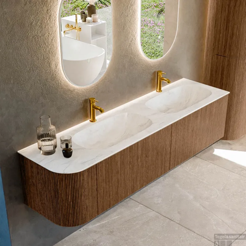 Mondiaz KURVE-DLUX 175 cm Onderkast Greeploos 2 Lades Met Deuren Walnut, Wastafel Solid Surface Rechts Ostra 2 Kraangaten Zonder Spiegel (KRVSTS175L2L1D2KD-Wal/Ost) Direct Verzonden