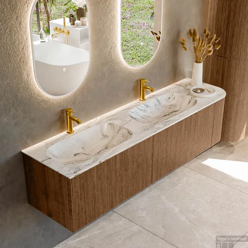 Mondiaz KURVE-DLUX 175 cm Onderkast Greeploos 2 Lades Met Deuren Walnut, Wastafel Solid Surface Links Glace 2 Kraangaten Zonder Spiegel (KRVSTS175R2L1D2KD-Wal/Gla) Must-Have