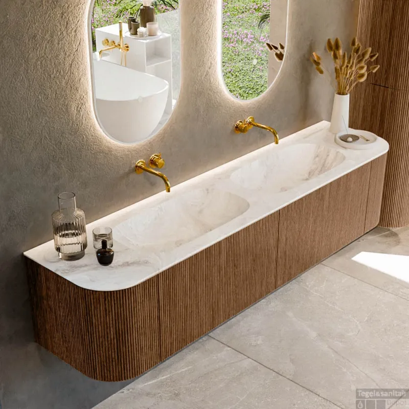 Nieuw Mondiaz KURVE-DLUX 190 cm Onderkast Greeploos 2 Lades Met Deuren Walnut, Wastafel Solid Surface Dubbel Frappe 0 Kraangaten Zonder Spiegel (KRVSTS190L+R2L2D0KD-Wal/Fra)