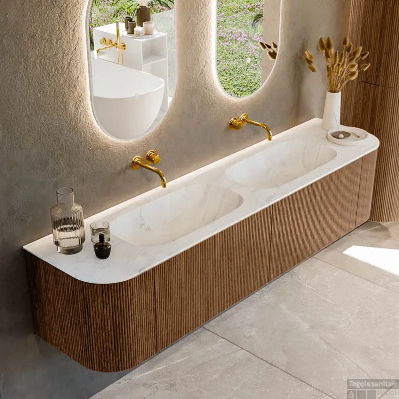 Favoriet Mondiaz KURVE-DLUX 190 cm Onderkast Greeploos 2 Lades Met Deuren Walnut, Wastafel Solid Surface Dubbel Opalo 0 Kraangaten Zonder Spiegel (KRVSTS190L+R2L2D0KD-Wal/Opa)