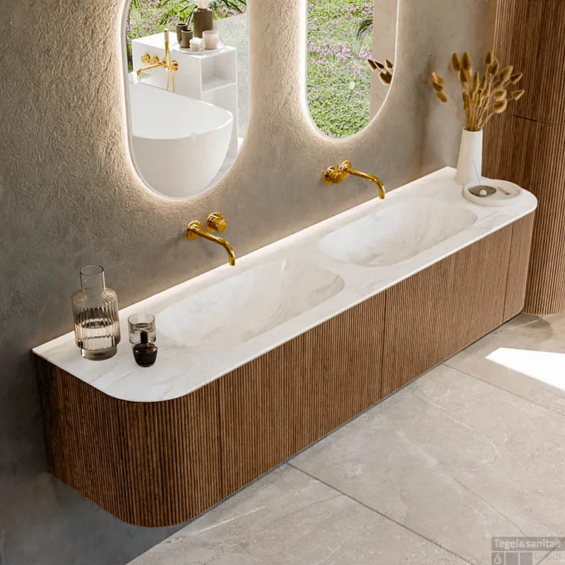 Laatste Kans Mondiaz KURVE-DLUX 190 cm Onderkast Greeploos 2 Lades Met Deuren Walnut, Wastafel Solid Surface Dubbel Ostra 0 Kraangaten Zonder Spiegel (KRVSTS190L+R2L2D0KD-Wal/Ost)