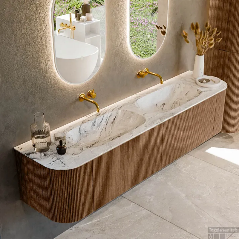 Merkproduct Mondiaz KURVE-DLUX 190 cm Onderkast Greeploos 2 Lades Met Deuren Walnut, Wastafel Solid Surface Dubbel Glace 0 Kraangaten Zonder Spiegel (KRVSTS190L+R2L2D0KD-Wal/Gla)